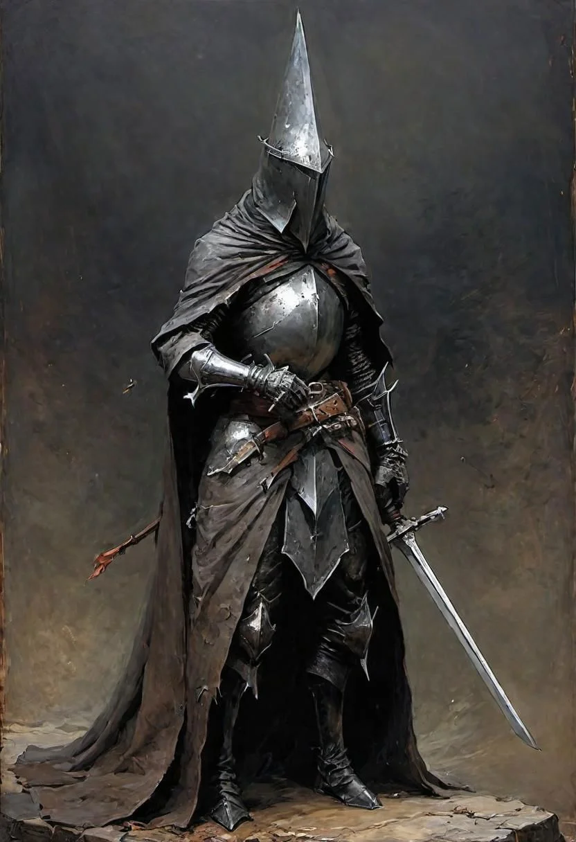 videogame art of (((Abyss Watchers)))
wearing (ragged, brigand, holding a giant metal sword, leather tunic, metal plates and cloth, pointy shaped helmet, sewn together), gothic, legion, by Jean-Baptiste Monge and Nicola Samori, Nazgul from lord of the rings
