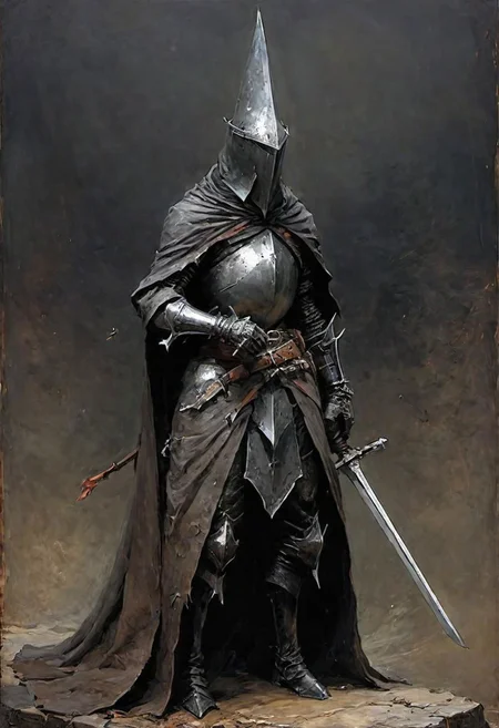 videogame art of (((Abyss Watchers)))
wearing (ragged, brigand, holding a giant metal sword, leather tunic, metal plates and cloth, pointy shaped helmet, sewn together), gothic, legion, by Jean-Baptiste Monge and Nicola Samori, Nazgul from lord of the rings