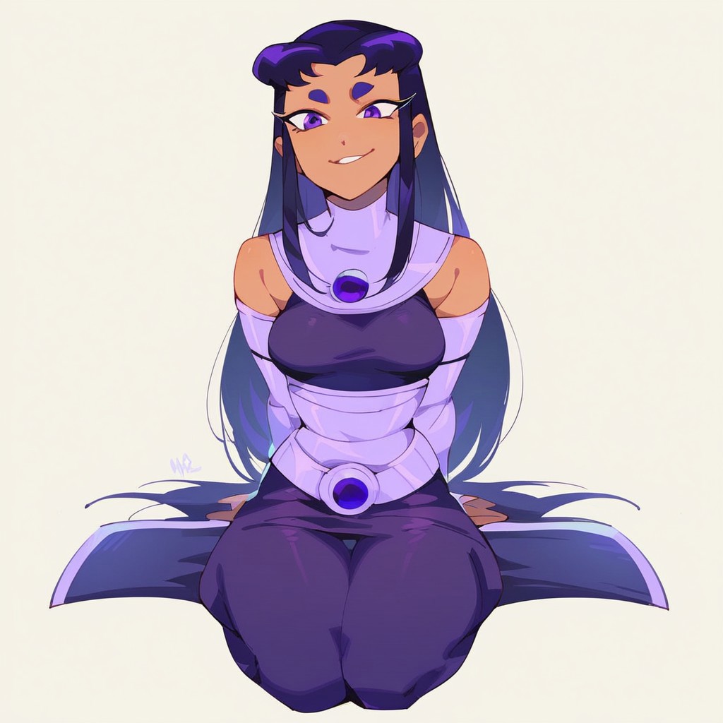 score_9, score_8_up, score_7_up, R3TR0SC1F1, 2d, Blackfirev2, 1girl, solo, lips, long hair, black hair, dark violet eyes, dark skin, dark skin, thick eyebrows, thigh boots, black crop top, black skirt, black thigh-highs, vambraces, tight clothes, looking at viewer, smirking, sitting, simple background, best quality, detailed, masterpiece, Expressiveh