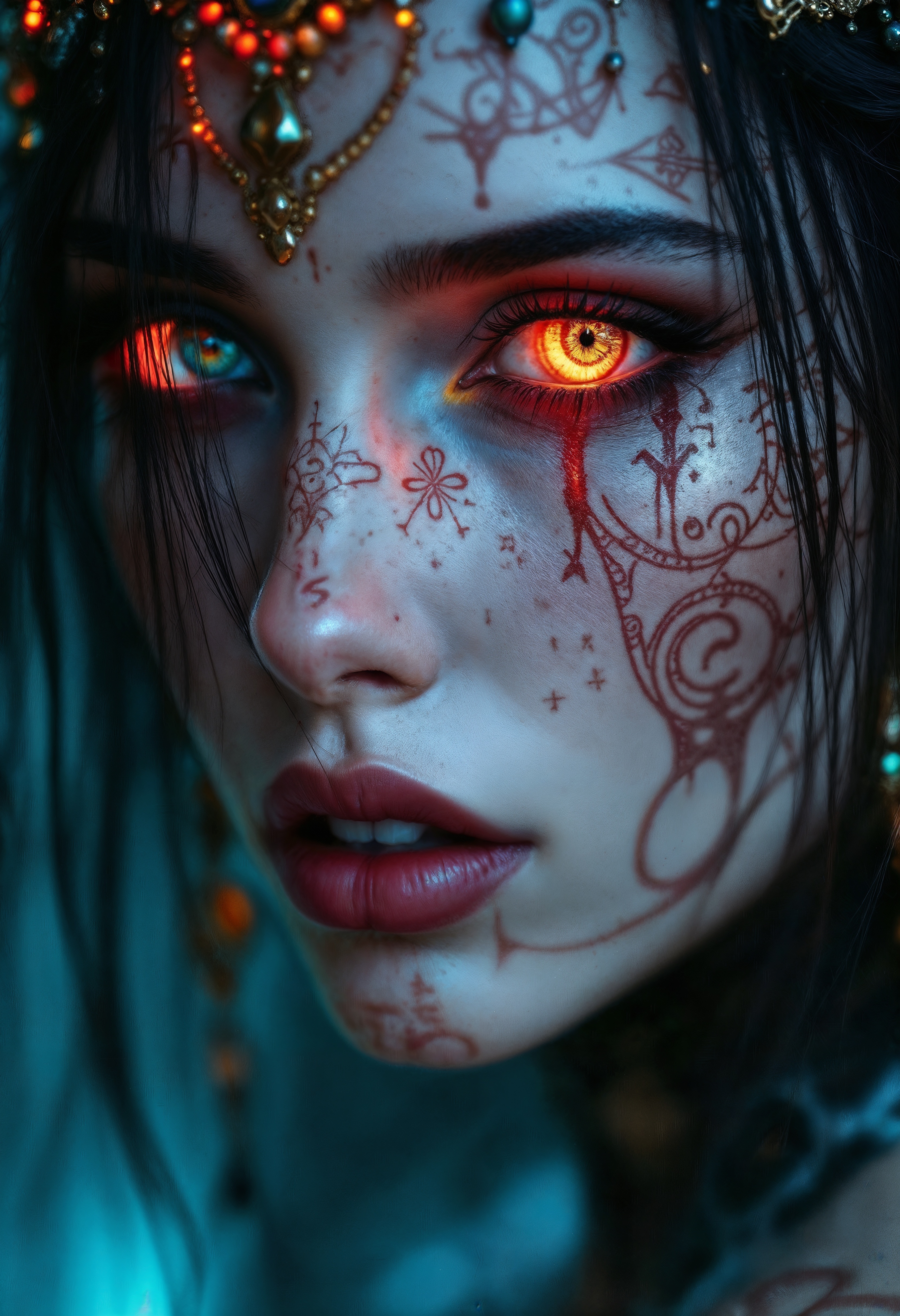A hauntingly beautiful cyberpunk-inspired woman with intricate, tribal tattoos and glowing red cybernetic eyes. Her pale, ethereal skin is adorned with delicate, inked symbols and patterns, blending ancient mysticism with futuristic aesthetics. She wears an ornate, beaded headpiece with intricate metallic details, partially covering her dark hair. The atmosphere is a mix of cold blue and warm orange lighting, casting a dramatic contrast across her face. The close-up shot emphasizes the fine details of her facial markings, glowing eye, and subtle textures of her attire. The scene has a moody, cinematic cyber-gothic style with elements of dark fantasy and sci-fi. <lora:aidmaFLUXpro1.1:1> aidmafluxpro1.1