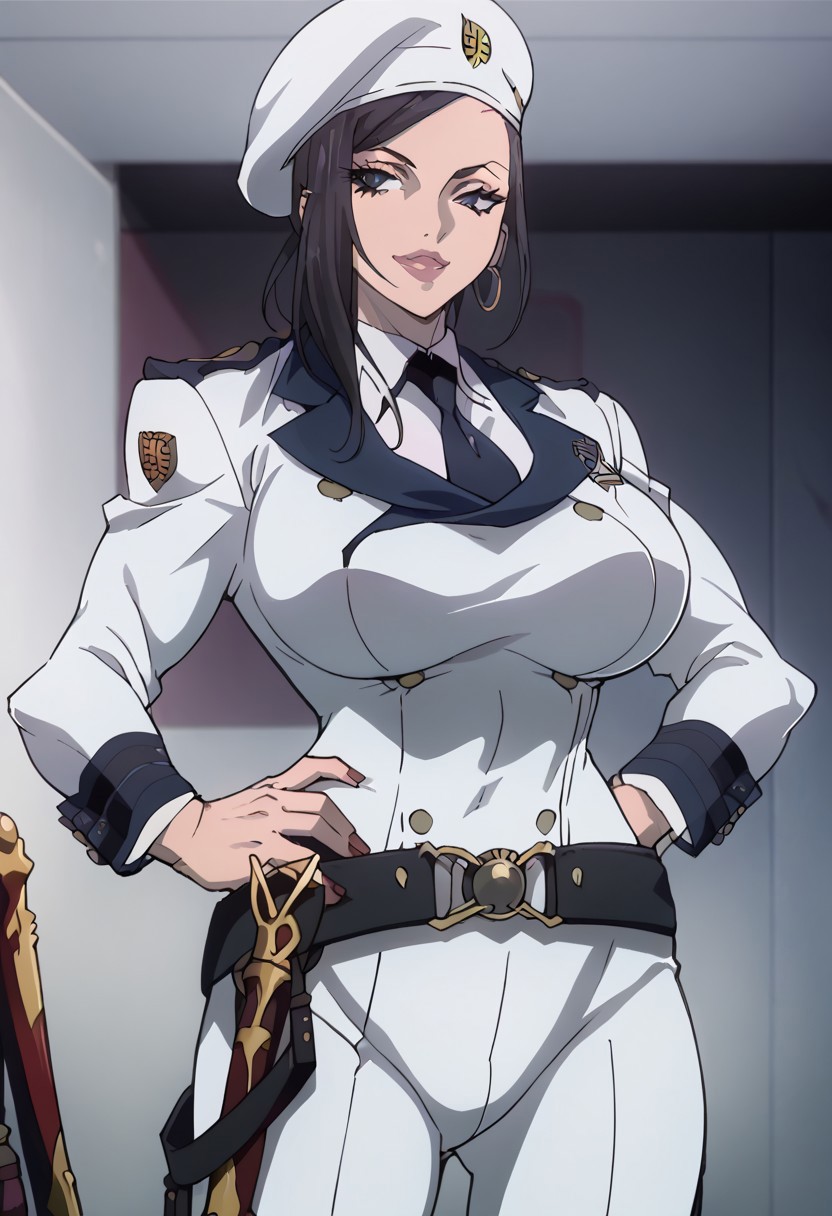 score_9, score_8_up, score_7_up, score_6_up, BREAK, 
mkna, standing, hand on hip, wearing (dark military_uniform, beret, tie, white pants, belt, sword), sheath, hoop earrings, large breasts,
torso, beautiful face, (revealing clothes), (tight outfit: 1.3), tall girl, sexy smile, abs, very fit, muscles, toned, huge breasts, slut, whore, round breasts, breasts together,
