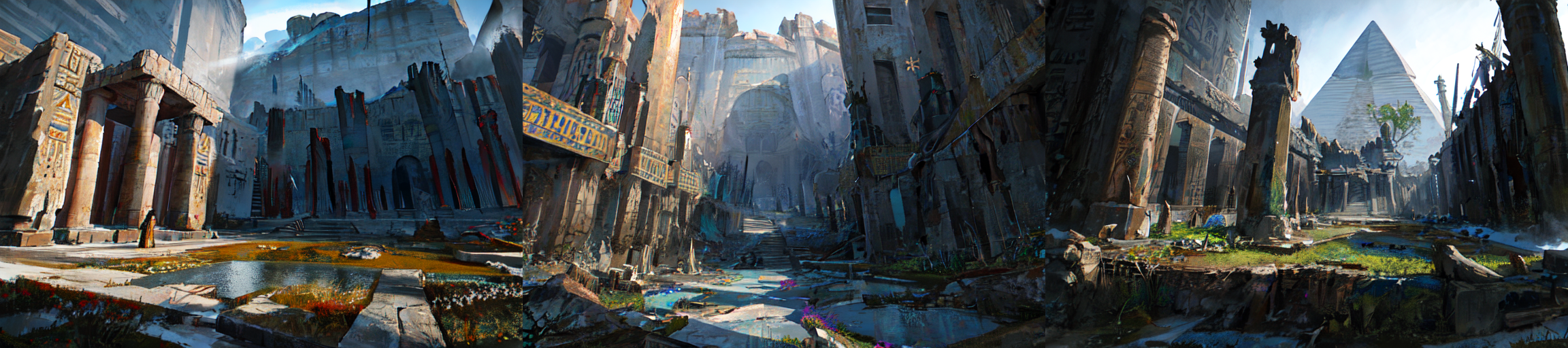 (otherworldly), highly insanely detailed, masterpiece, top quality, best quality, highres, 4k, 8k, RAW photo, 
((ancient egyptian theme:1.2)), taiwan, korean, ((post-apocalyptic:1.2)), 
abandoned building, overgrown with vegetation, ruin, 
(gardens, village:0.6), 
mythical, mysterious, 
reflection, reflective floor, 
blue cloudy sky, blue sky, 
(flower, falling petals, petals on liquid, petals:0.8), 
(mandala, nebula, fractal art:0.5), 
(dreamlike, dream like, dream-like, dream-like atmosphere:0.6), 
(long hair, glowing hair, hair over one eye, long messy hair), 
(eyelashes, eyeliner, eyeshadow, eyelashes, long eyelashes), 
collar, earrings, jewelry, necklace, armlet, 
nsfw, 
cleavage, perfect body, makeup, 
(from side, facing away), 
epic medieval fantasy, 1boy, bird, fanmou, landscape, mountain, nature, outdoors, ruins, sky, solo, tree, winter, <lora:Fantasy_Mountains:0.7>, epiCPhoto, (fantasy world)
