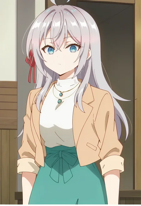 <lora:Alisa Mikhailovna-000013:0.9> alisa mikhailovna, long hair, 1girl, grey hair, solo, blue eyes, hair between eyes, hair ribbon, red ribbon, crossed bangs, ahoge, green skirt, shirt, red ribbon, brown jacket,turtleneck, necklace, sweater, looking at viewer, cowboy shot,, score_9, score_7_up,anime coloring ,source_anime, anime, anime screencap