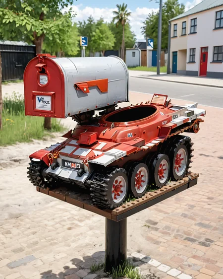 a (miniature) vtnktnk tank on a post being used as a mail box, dslr, 8k, beautiful, hyper realistic <lora:vtnktnk_SDXL_v1_32-000015:1> <lora:M0nstrcrz_SDXL_v1_32:0.5> <lora:retr0magz_SDXL_v1_32:0.5>