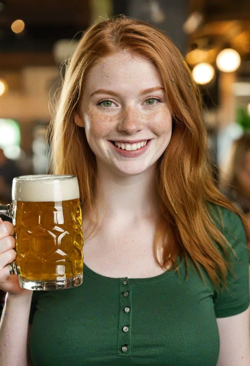 pretty girl, long ginger hair, portrait, lighting, pale skin, freckles, green shirt, huge breasts, professional photo, detailed photo, blurry background, smile, happy, holding beer mug, glass mug