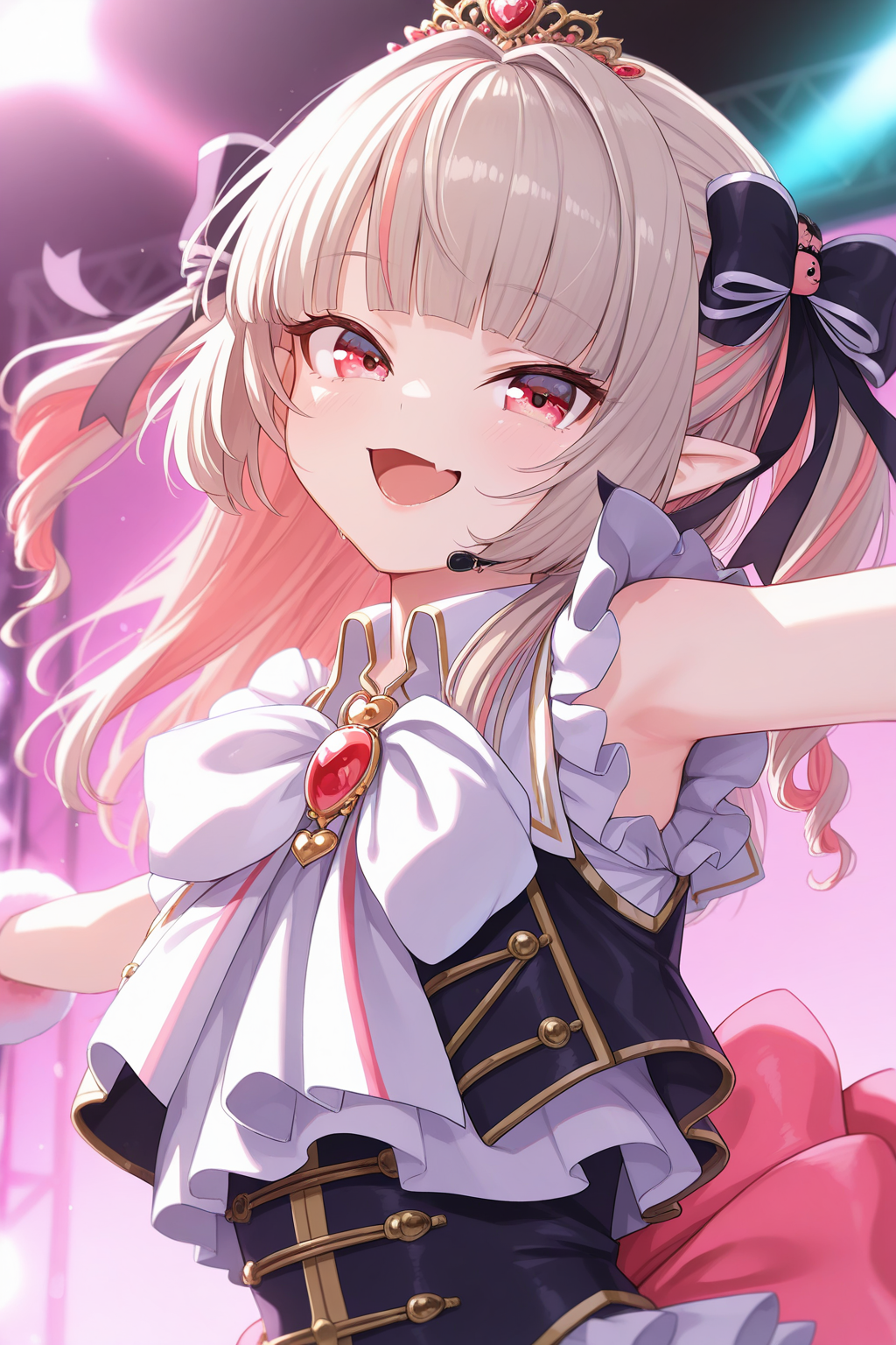 1girl,
MakaiNoRirimuNijisanji, MakaiNoRirimuIdolCostume,
general, solo, dynamic angle, upper body,
grey hair, twin drills, eyelashes,
tiara, idol clothes,
looking at viewer, smile, open mouth, skin fang, spread arms, 
whight theme, stage,
depth of field,
<lora:kp_MakaiNoRirimuNijisanjiIllustrious_v1_0:1.0>,
masterpiece, best quality, amazing quality