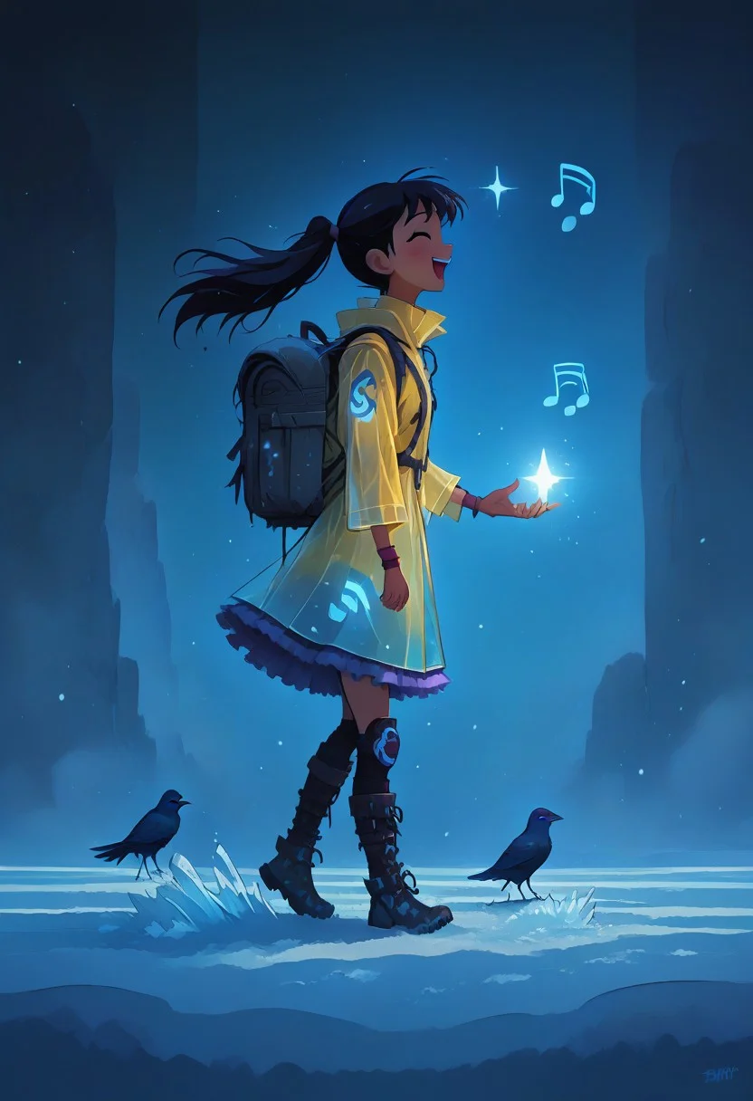 (masterpiece, best quality, high quality, good quality), 1girl, solo, petite, twintails, raincoat, backpack, frilled skirt, rubber boots, blue sky, walking, on cloud, happy, humming, musical note, rainbow, sparkle, sunlight, bird, full body, pastel colors, colorful
,FFAnime Style, fr0stwrld, snow, ice sinozick style