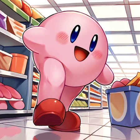 score_9, score_8_up, score_7_up BREAK LongKirby, dark blue eyes, pink body, blush, red shoes, happy, shopping at supermarket, supermarket shopping, supermarket indoors, supermarket background,