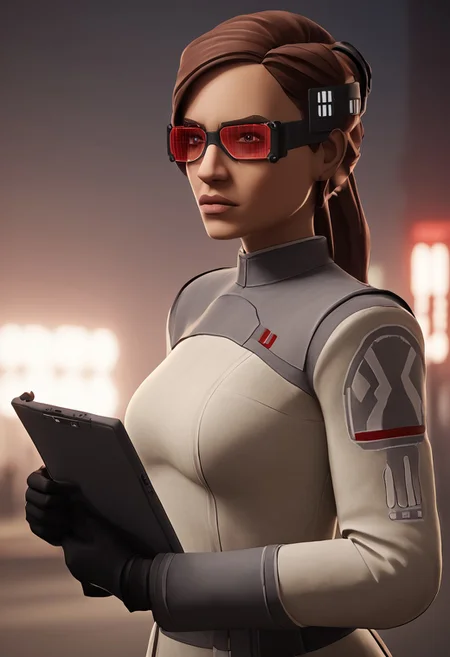 score_9, score_8_up, score_7_up, High quality, high detail, solo, perfect eyes, perfect lips, masterpiece, best quality, dynamic lighting, dark-skinned woman,
emeriekarr, brown eyes,uniform, upper body, black gloves, black pants, black boots, standing at attention, looking at viewer, stern, cowboy shot, on a Star Wars city street background, bokeh background,concentrated, holding a tablet,red-tinted goggles ,3d style, side view, smooth,