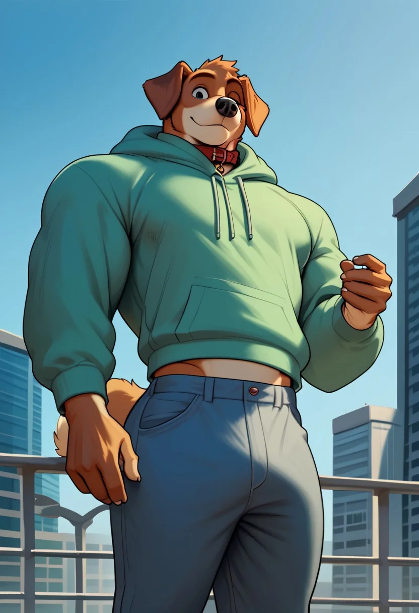score_9, score_8_up, score_7_up, score_6_up, score_5_up, score_4_up, lower body view, best quality, highly detailed, intricate details, male, happy atmosphere, outdoors, city, extremely detailed, smooth body, smooth lines, style art, solo, 1furry, 1boy, dog collar, hoodie, two toned fur, anthro, pants, 1boy, midriff peek, muscular, hyper muscular