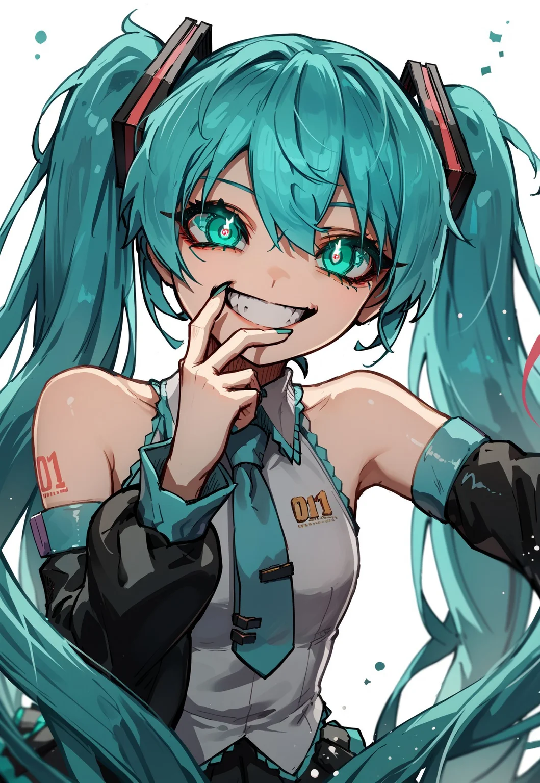 zPDXL3, score_9, score_8_up, score_7_up, source_anime, Teru Style, 1girl, hatsune miku, vocaloid, (87yanagi), aqua eyes, blue eyes, very long hair, aqua hair, long hair, twintails, detached sleeves, crazy eyes, uneven eyes, glowing eyes, crazy grin, looking at viewer, finger frame, finger frame over eye, 