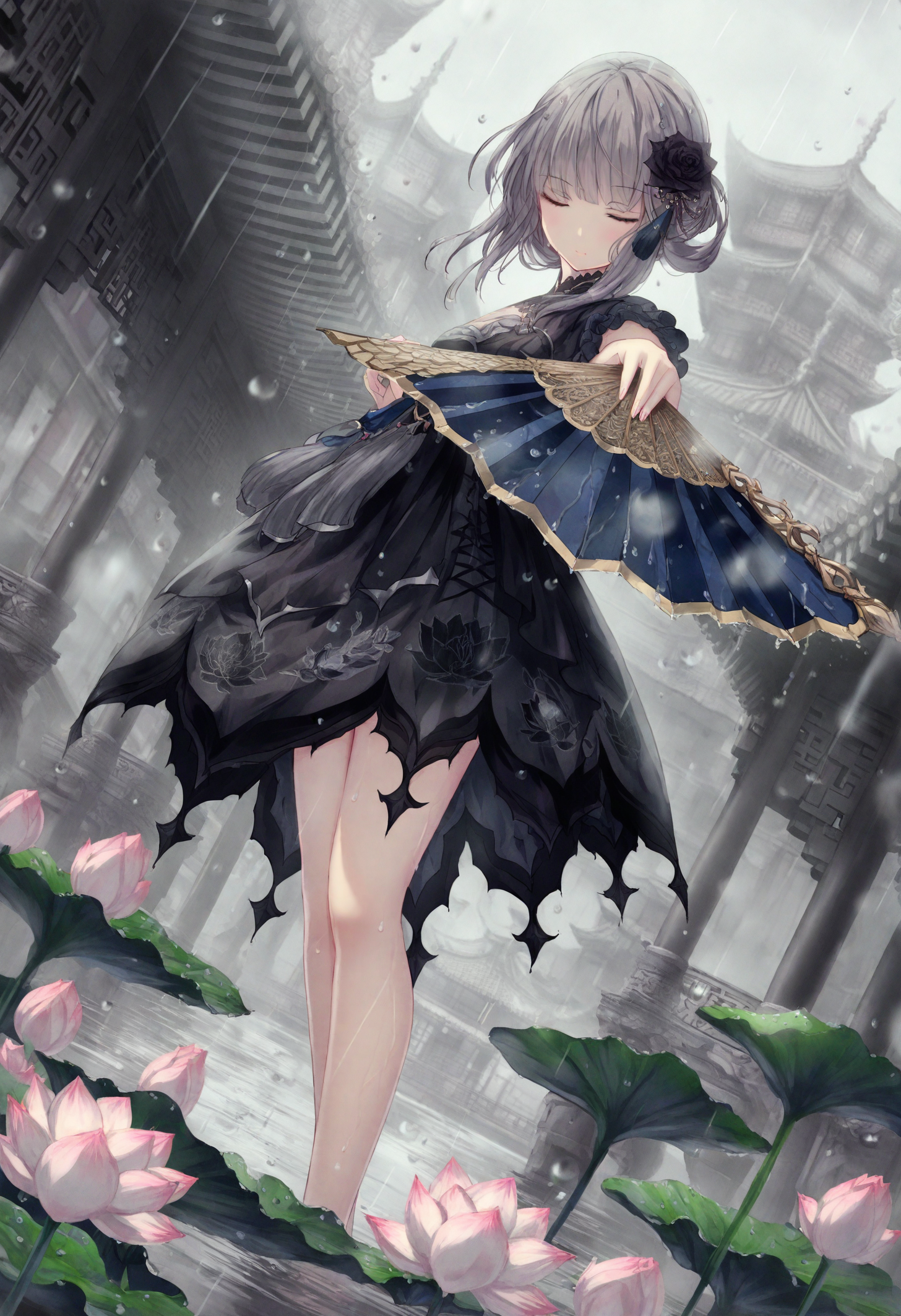 <lora:miss1_noob1.1-000184:0.9>,
1girl, flower, black flower, solo, hand fan, closed eyes, holding, rain, holding fan, hair ornament, outdoors, dutch angle, architecture, standing, folding fan, hair flower, lotus, east asian architecture, water, grey hair, water drop, dress, black rose, building, closed mouth, black dress, facing viewer,
masterpiece,best quality,newest,absurdres,highres,very awa,