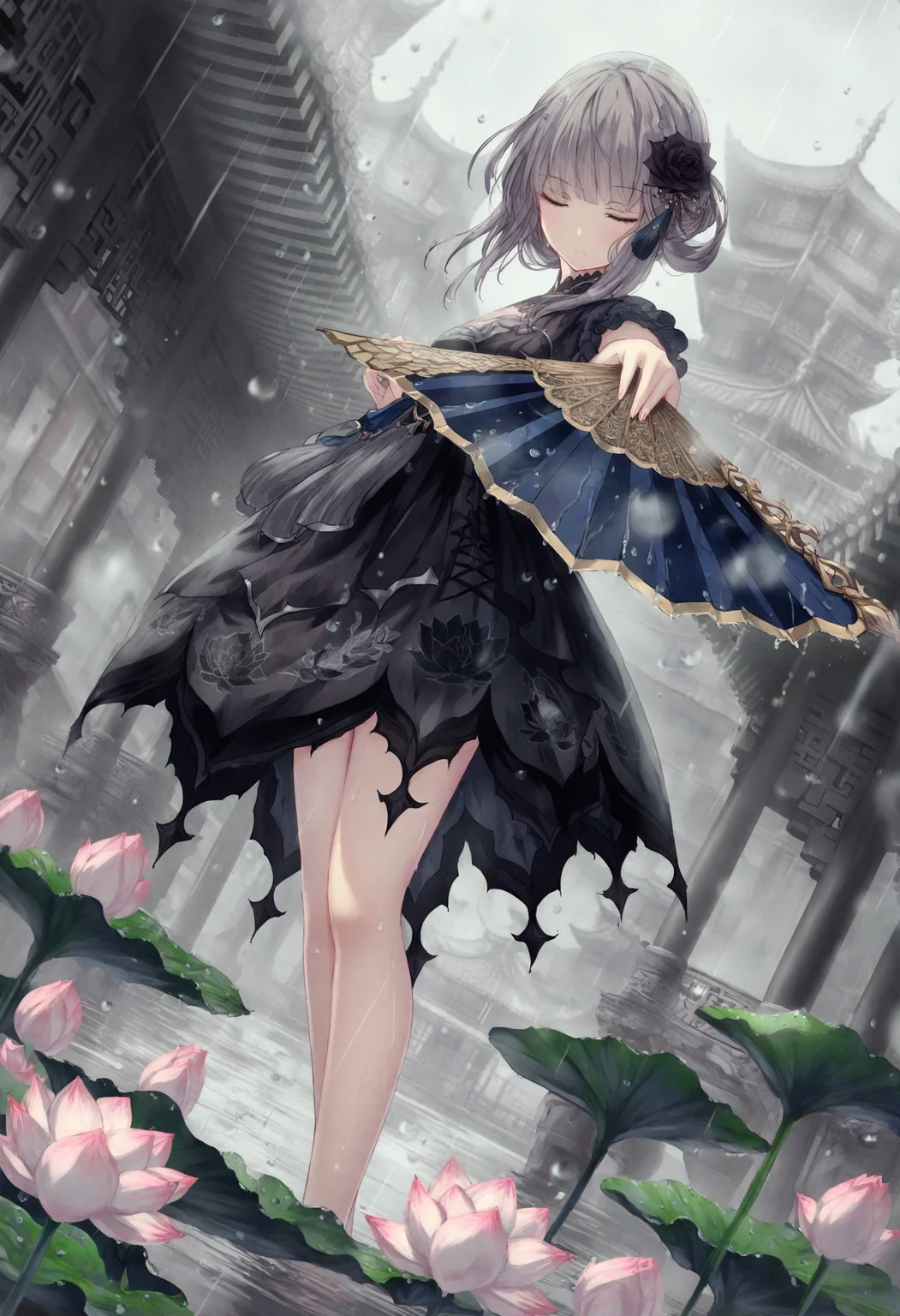 <lora:miss1_noob1.1-000184:0.9>,
1girl, flower, black flower, solo, hand fan, closed eyes, holding, rain, holding fan, hair ornament, outdoors, dutch angle, architecture, standing, folding fan, hair flower, lotus, east asian architecture, water, grey hair, water drop, dress, black rose, building, closed mouth, black dress, facing viewer,
masterpiece,best quality,newest,absurdres,highres,very awa,