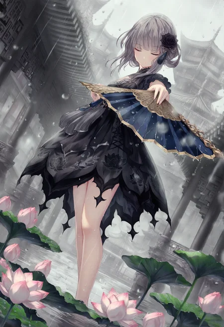 <lora:miss1_noob1.1-000184:0.9>,
1girl, flower, black flower, solo, hand fan, closed eyes, holding, rain, holding fan, hair ornament, outdoors, dutch angle, architecture, standing, folding fan, hair flower, lotus, east asian architecture, water, grey hair, water drop, dress, black rose, building, closed mouth, black dress, facing viewer,
masterpiece,best quality,newest,absurdres,highres,very awa,