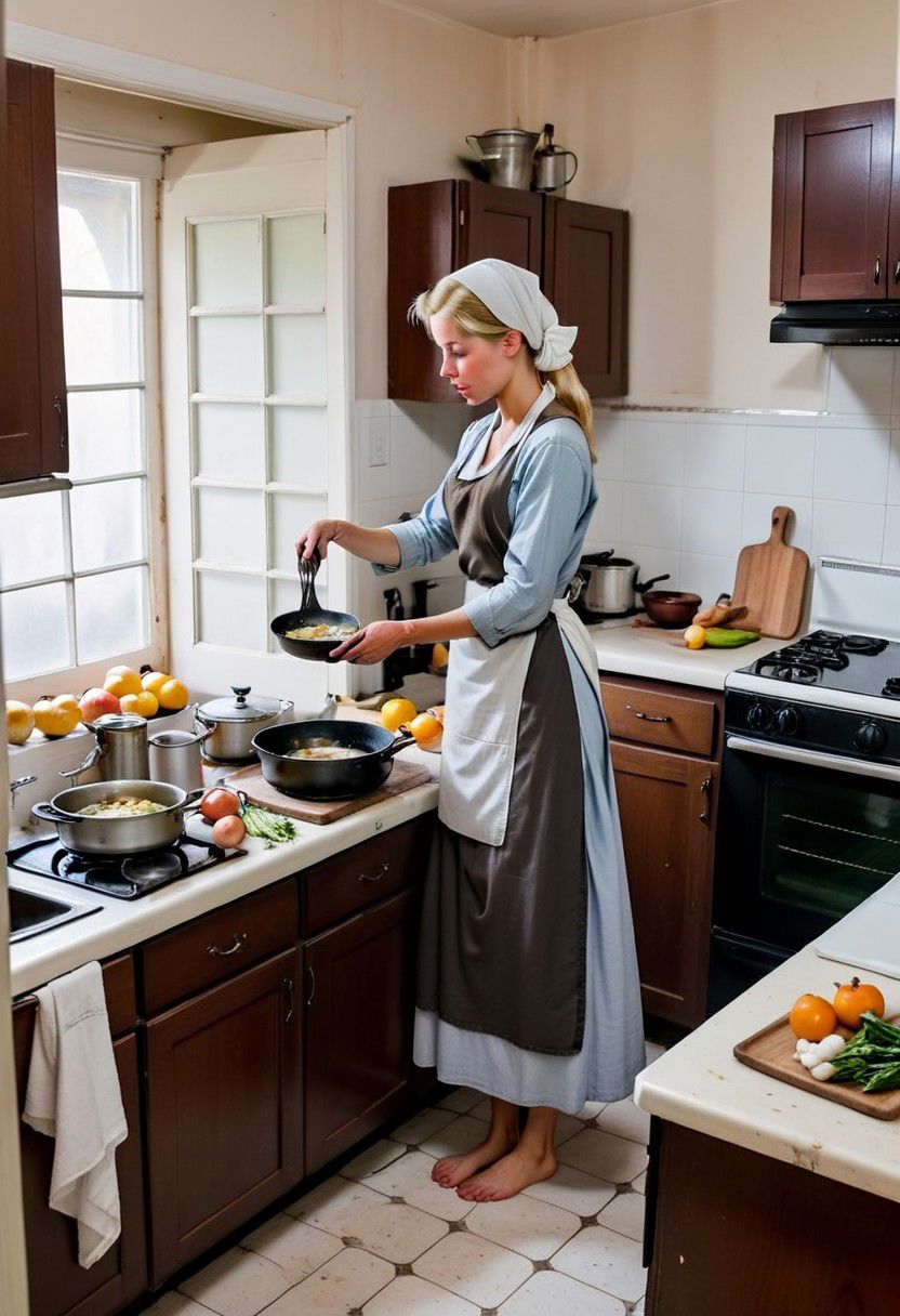 Ultra Realistic, full body shot,  Cinderella,  ,  housework everyday dress, white scarf in hair, preparing meal, in the 18's, , barefoot, multiple 
Singing