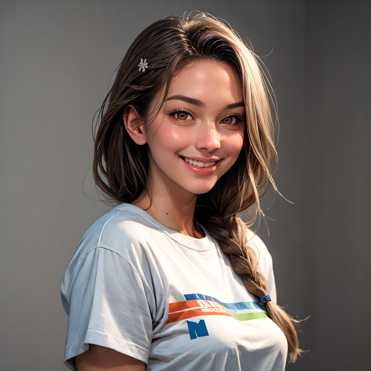 (score_9, score_8_up, score_7_up, outlines, source_anime, source_cartoon, best quality, masterpiece),
anime drawing of, 3m3li3vx  ,colorful t-shirt, smile, braid, brown eyes,   <lora:Emelie Nobody_epoch_12_Pony_VX:0.6>   <lora:officialpit_v2-8:0.75>