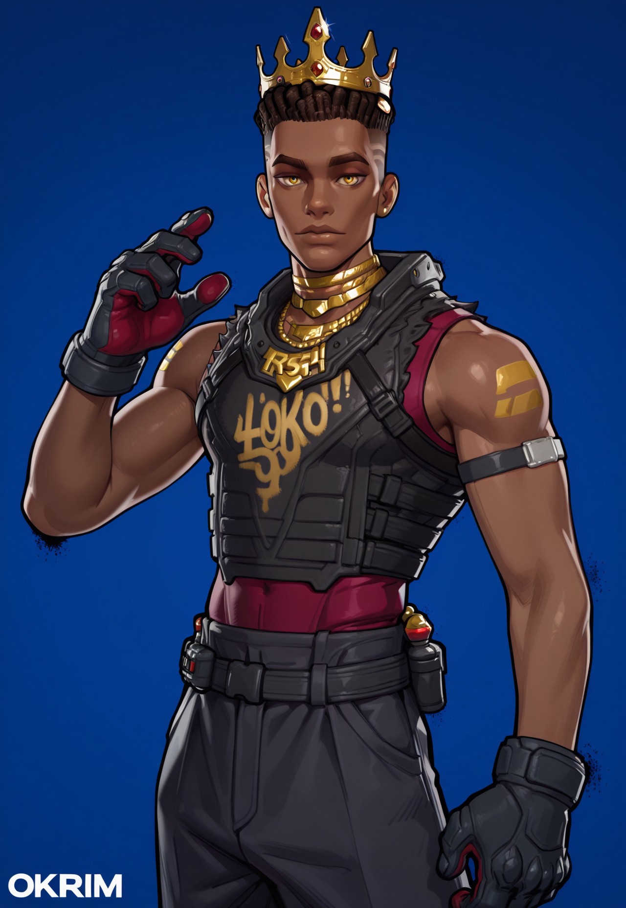 1boy, solo, white background, looking at viewer, portrait,  dark skin, dreadlocks, gloves, crown, pants, looking at viewer, sleeveless, 1boy, blue background, jewelry,
masterpiece, best quality, <lora:mirko-guy90-Illust-LoraV1:1>, okrim
