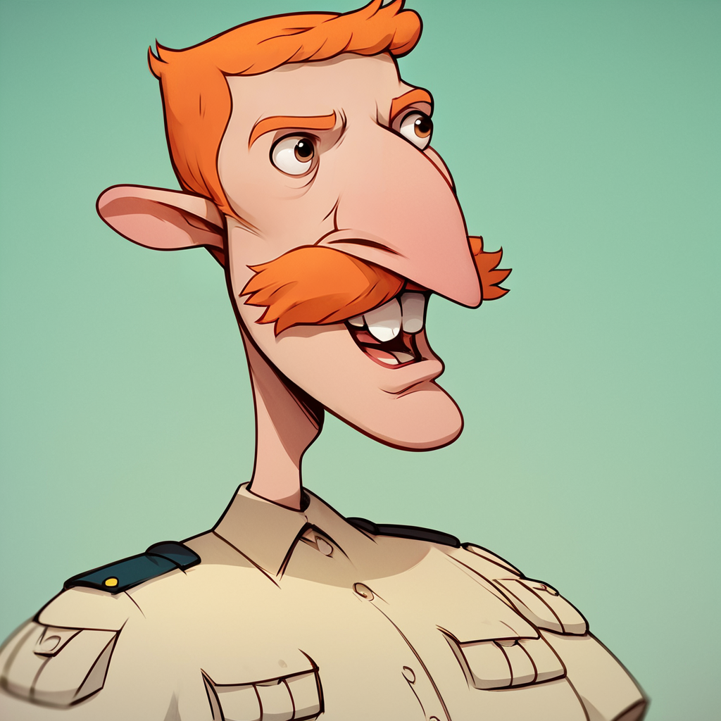 score_9, score_8_up, score_7_up, score_6_up, score_5_up,   <lora:nigelthornberryXLP:1> nigel thornberry, 1boy, mustache, orange hair, uniform, teeth, buck teeth,