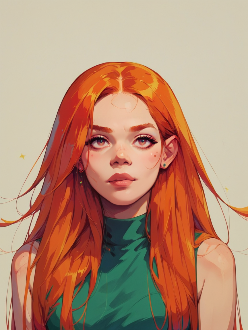 score_9, score_8_up, score_7_up, score_6_up, score_5_up,  <lora:coacalinaXLP:1> coacalina, colourful, 1girl, ginger hair, long hair,