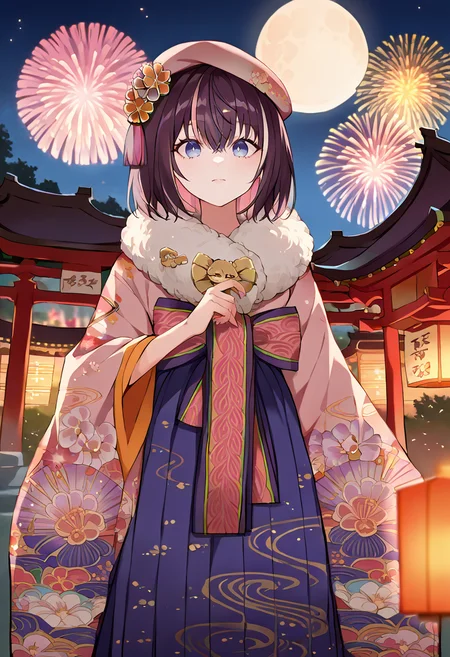 score_9, score_8_up, source_anime, 1girl, solo, AzkiNewYears, multicolored hair, short hair, pink beret, hair flower, fur collar, pink kimono, floral print, obi, blue hakama skirt, outdoors, shrine, night, moon, dark, fireworks, <lora:ChamAZKiPonyXL:1>