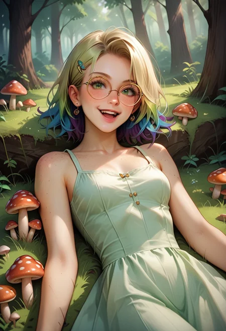 score_9, score_8_up, score_7_up, score_6_up,
1girl, 25 years old,
green eyes, looking at viewer,
Mycelia, rainbow colored hair, candy hairclip, round glasses, freckles,
sundress, green sundress, white sundress,
cowboy shot, dutch angle,
forest,
lying, on back, on ground, (mushrooms), holding mushrooms, laughing, drunk,