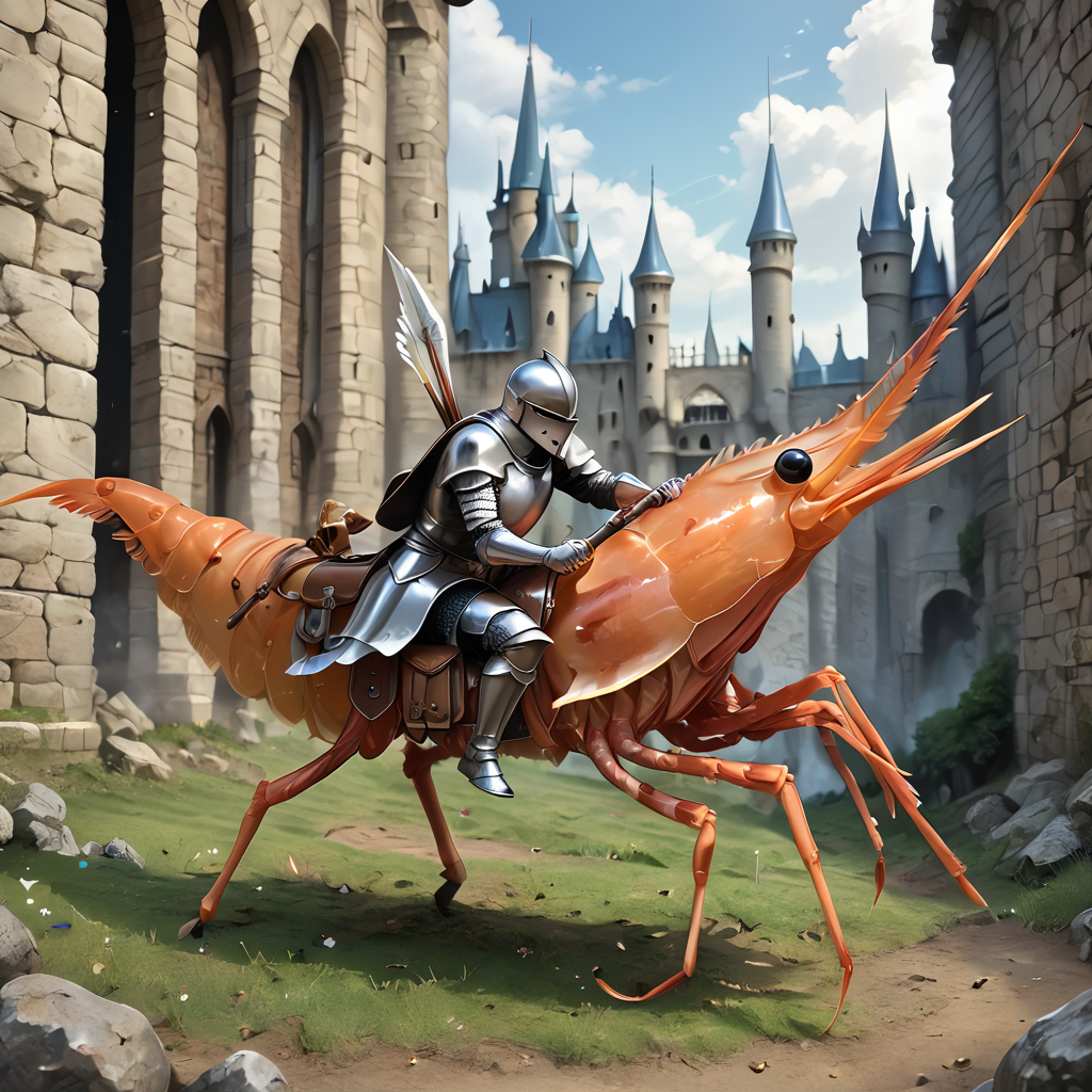 <lora:pony_shrimp:0.7>, knight riding a shrimp, saddle, lance, holding weapon, castle,