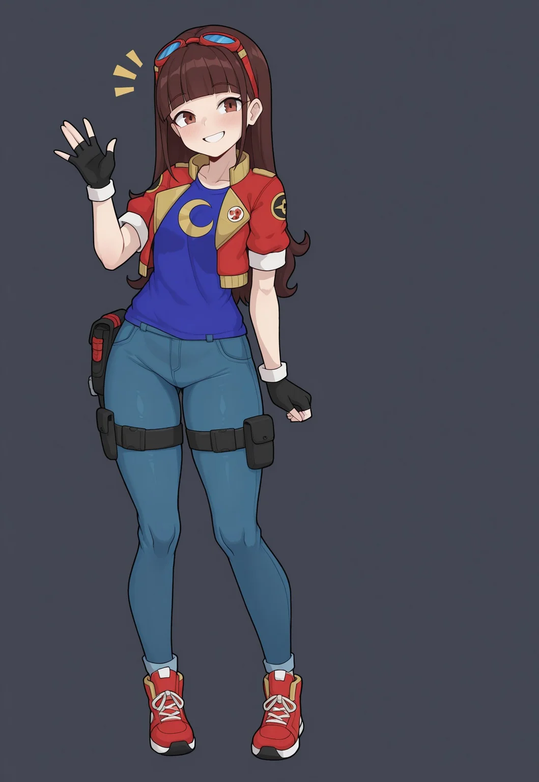 Syuro, masterpiece, best quality, newest, absurdres, highres, luna-utopus, long hair, brown hair, brown eyes, blunt bangs, fingerless gloves, red jacket, eyewear on head, black gloves, open jacket, cropped jacket, goggles on head, blue shirt, crescent on shirt, short sleeves, standing, smiling, waving hello, happy, full body, solo, alone, blank background, empty background, no background