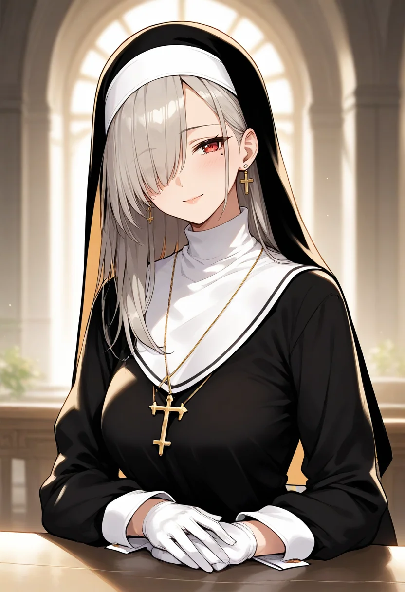 score_9, score_8_up, score_7_up, score_6_up, source_anime,BREAK
1girl
<lora:Hyper-SDXL-8steps-lora:1>
<lora:age_slider_v4:1>
<lora:Priest Claireponyanimaxl:0.7>
long hair, hair over one eye, mole under eye, bangs, grey hair, earrings, red eyes
habit, nun, white gloves, long sleeves, black dress