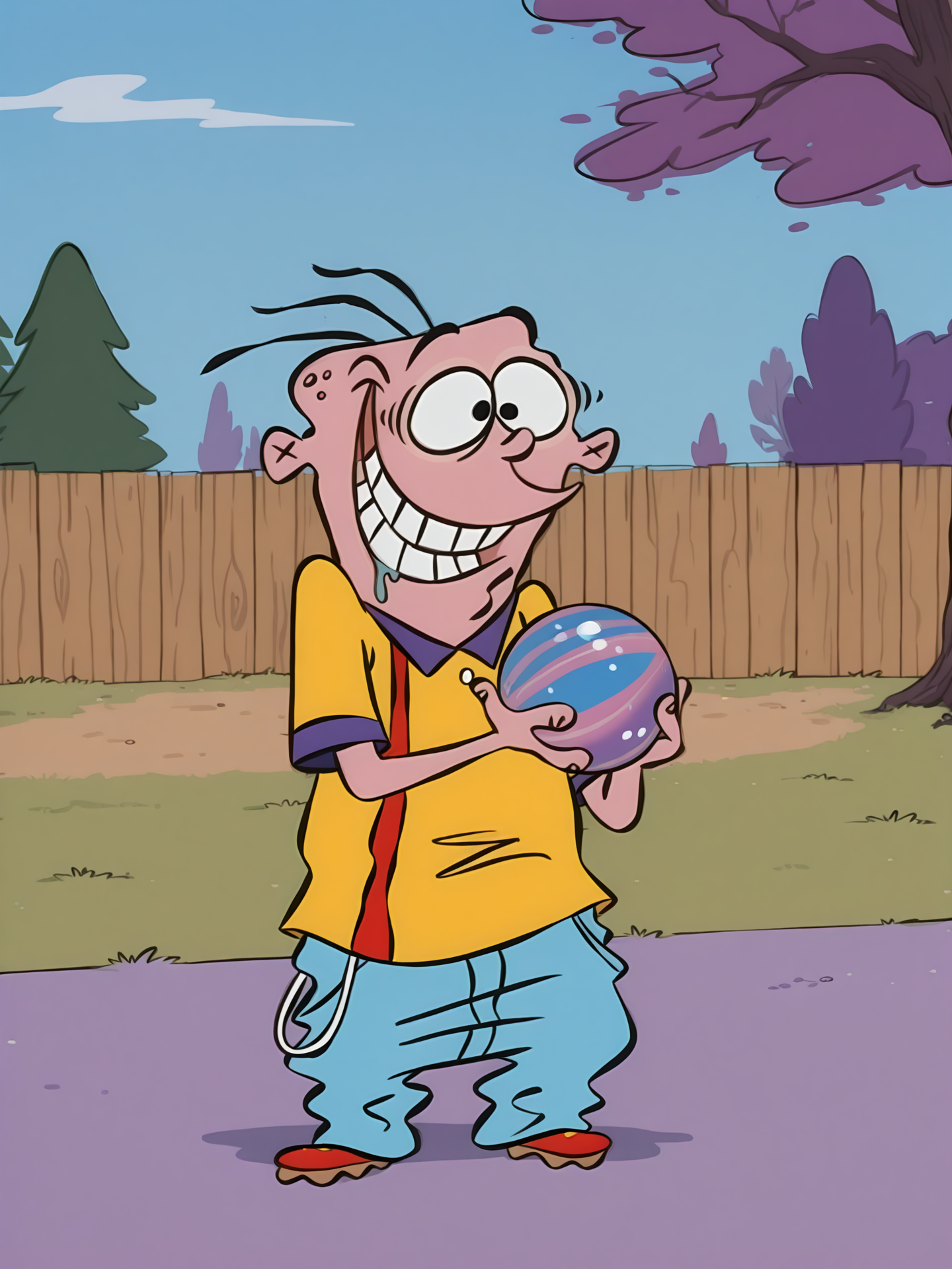 <lora:Eddy_-_Ed_Edd_n_Eddy_-_IL:1>, 1boy, solo, eddyboi, sc4m, yellow shirt, grin, outdoors, tree, pants, sky, fence, parody, Pixar, holding ball of candy, yandere-trance, staring at candy ball, drooling, salivating, dynamic angle