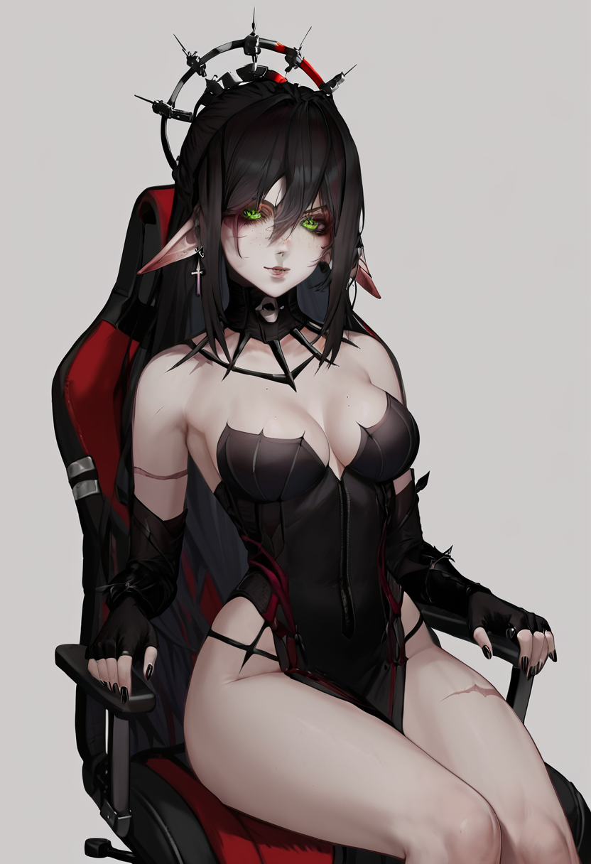 score_9, score_8_up, score_7_up, score_6_up, 1girl, solo, layna_2d, pointy ears, green eyes, freckles, scar, black hair, fingerless gloves, black dress, elbow gloves, cross earrings, cross, detailed eyes, perfect face, perfect eyes, sexy, sexy girl, beautiful eyes, petite body, thick thighs, medium breasts, (sitting in a gamer chair:1.3), posing, light smile, simple background, dynamic angle