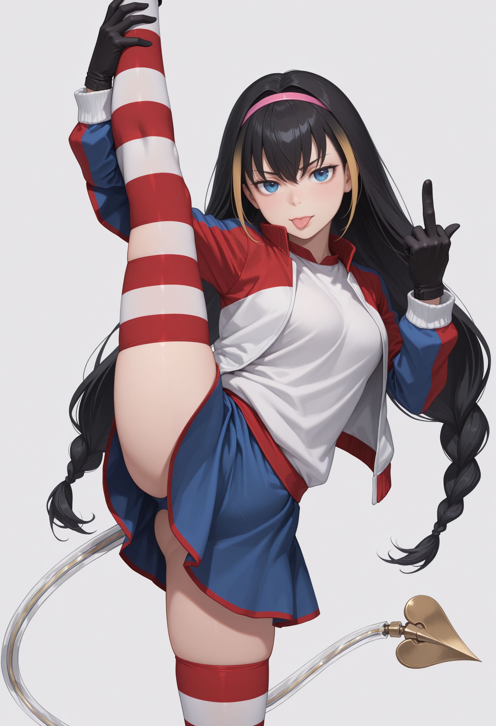 masterpiece,best quality,absurdres,highres,very aesthetic,high quality,detailed,insanely detailed,beautiful,perfect lighting, middle finger, \||/, standing, leg up, standing on one leg, leg lift, kneepits, split, standing split, flexible, cowboy shot, looking at viewer, white background, simple background, tongue out, middle finger
 <lora:Lessar illu:1> 1girl, black hair, multicolored hair, two-tone hair, long hair, twin braids, braid, pink hairband, blue eyes, jacket, multicolored clothes, striped clothes, black gloves, blue skirt, striped thighhighs, zettai ryouiki, mechanical tail, demon tail