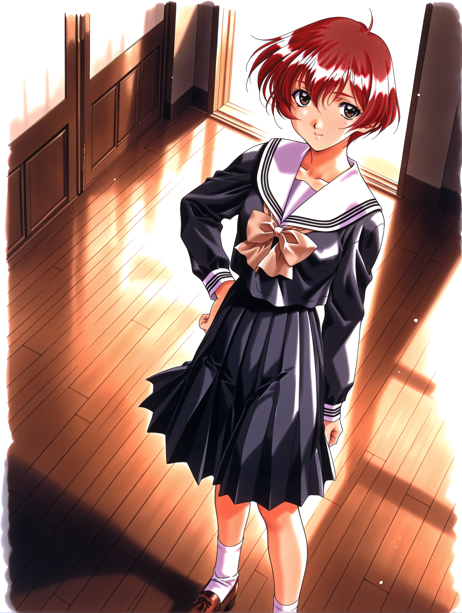 masterpiece,best quality,newest,
1girl,solo,
1990s \(style\),retro artstyle,<lora:nanase_yuuilxl_v1.0:1>,n_yuu,short hair,red hair,brown eyes,y_clothes,serafuku,long sleeves,pleated skirt,white socks,loafers,
<lora:Fixhands_anime_bdsqlsz_V1:1>,standing,looking_at_viewer,smile,hand on own hip,