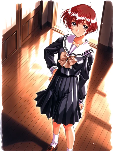 masterpiece,best quality,newest,
1girl,solo,
1990s \(style\),retro artstyle,<lora:nanase_yuuilxl_v1.0:1>,n_yuu,short hair,red hair,brown eyes,y_clothes,serafuku,long sleeves,pleated skirt,white socks,loafers,
<lora:Fixhands_anime_bdsqlsz_V1:1>,standing,looking_at_viewer,smile,hand on own hip,