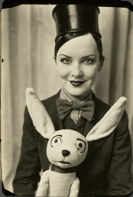 ((tintype, wetplate collodion)) Bizarre puppetfilm world, 1930s, strange vintage stop motion dolls - (assasins) Louise Brooks, cult members, femme fatales, silly men, happy bunnies, circus, happy dogs, city streets, country side, 1930s, puppet film, stop motion, miniatures, marionettes, silly characters, funny stuff, happy happy. Vintage cars, stores, things, puppies, kittens, silly little ccreatures ((George Pal PuppetToon, Jiri Trnka)). Ground level, ((deep focus, aperture F32)). Very simple characters, little detail, like old puppet films. Realistic photography, stop motion photography. Friendly muted colors, low contrast. Toonerville Trolley, Molly Moo Cow, Ub Iwerks, 16mm worn film, ViewMaster