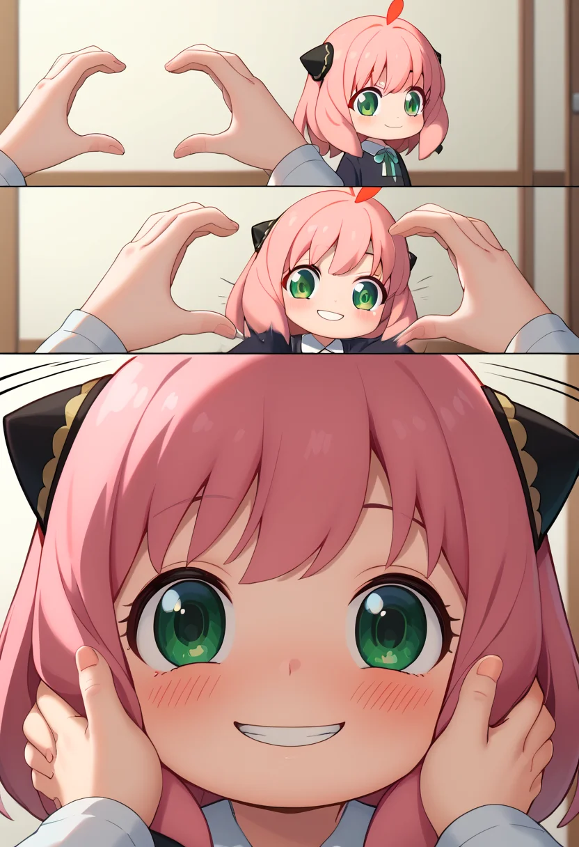 score_9,score_8_up,score_7_up,source_anime,Art Gallery,Upper body,IncrsSnootChallenge,comic,pov hands,(motion lines),motion blur,female child,smile,glad,blush,pink hair,green eyes,child,<lora:Anya_Forger_-_Spy_x_Family_PonyXL:0.8>,An_ya,
meme,dress,looking at viewer,black dress,school uniform,ahoge,bangs,indoors,<lora:SnootChallenge_XLPD>,<lora:detailxl:0.5>,detailxl,<lora:MJ52:0.5>,<lora:princess_xl_v2:0.8>,