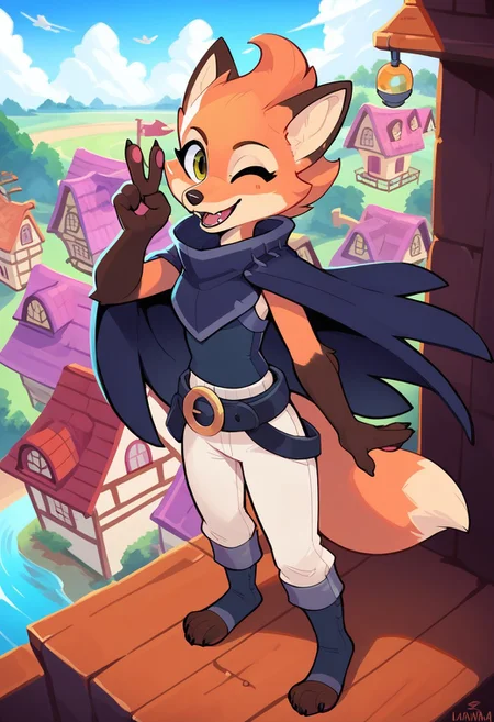 score_9, score_8_up, score_7_up, score_6_up, high detail, 4k, high resolution,
Detailed background, mining town, dynamic angle,
(Fleet, fleetFox, anthro fox, cute), solo, 1girl, looking at viewer, wink, one hand v sign, smile, high angle view, cape, cloak, toeless legwear, open mouth, sleeveless shirt, buckles, belt, pants