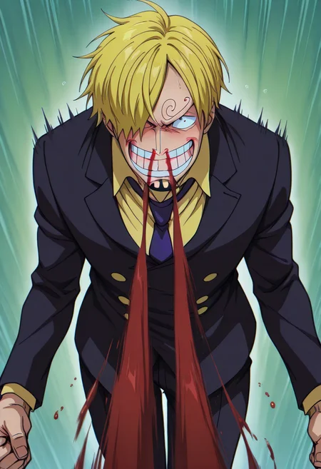 masterpiece, best quality, newest, absurdres, highres,  anime, anime style, solo, solo focus, ExcessiveAnimeNosebleed-ILV1.0, nose bleed, bleed, excessive nose bleed, blood, nosebleed, 1boy, Sanji/(one piece/), blonde, blonde hair, yellow nectike, suit, formal clothes, flying, speed lines, motion blur