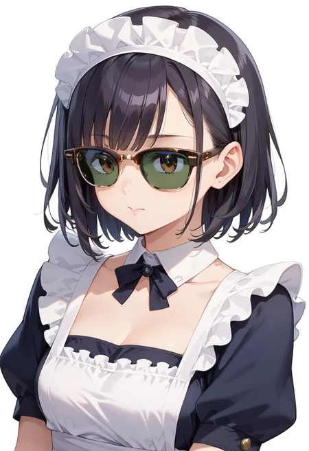score_9, score_8_up, score_7_up, rating_safe, masterpiece, best quality, absurdres, unity 8k wallpaper, official art, official style, source_anime, uncensored, game cg, megami magazine,
1girl, solo, black hair, medium hair, upper body, covered eyes,maid, maid headdress, black dress, maid apron, face focus,
sirmont, sunglasses, white background, simple background, reflection, glasses, english text, brown-framed eyewear, yellow-framed eyewear, two-tone eyewear, darkgreen-tinted eyewear, covered eyes,
<lora:glasses_clubmaster_PONY_V1:1>