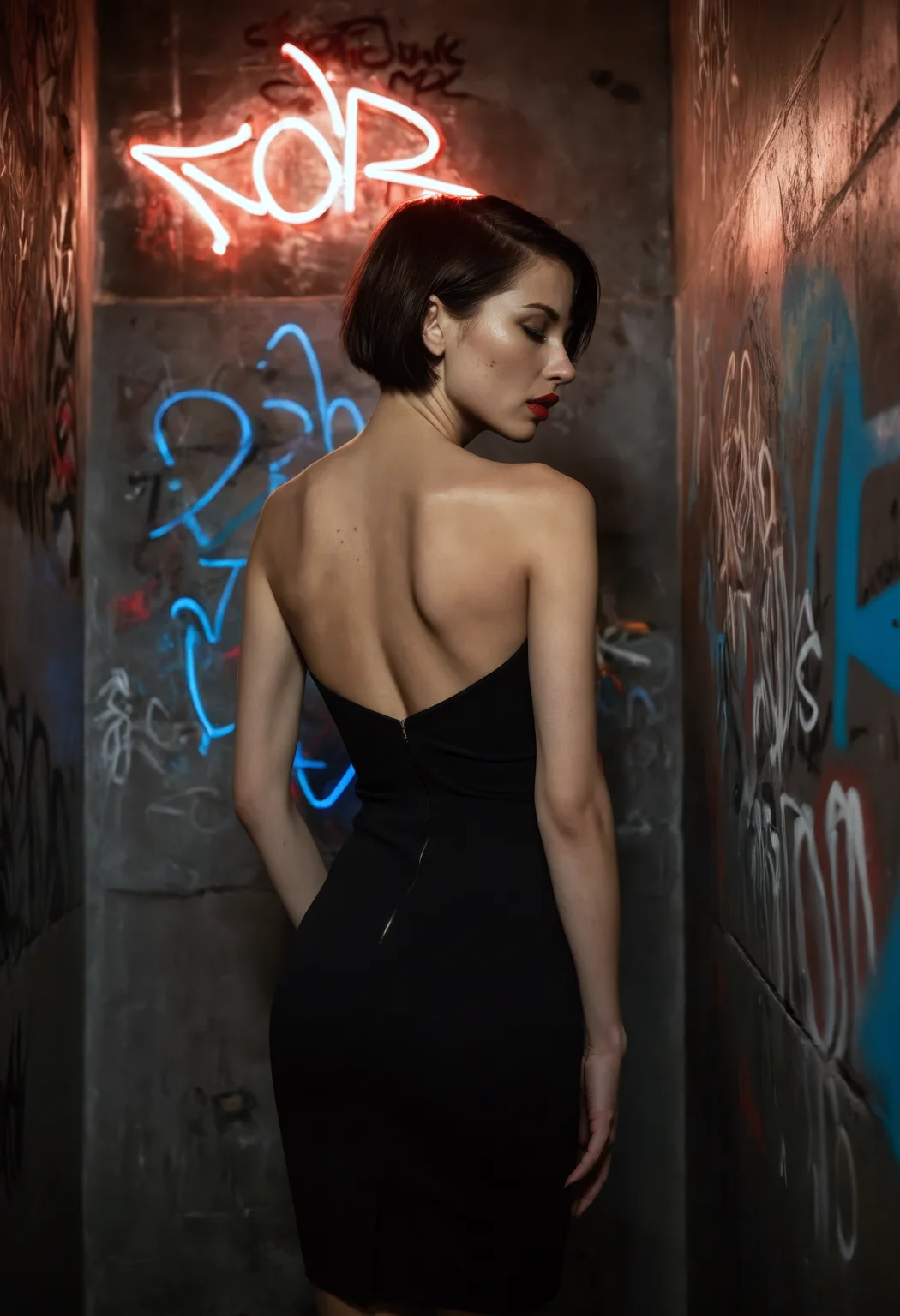 photograph of a woman in a public restroom, tall, slender figure, short hair, sleek black dress with open back, graffiti-covered walls, dimly lit room, neon sign illumination, moody glow, red lips, intriguing allure, captivating details, dynamic composition, engaging narrative, high-quality finish, evocative mood, cinematic lighting, urban aesthetic, bold contrast, realistic textures, immersive scene