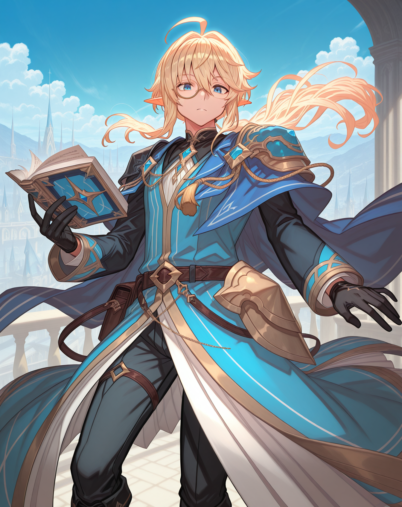 masterpiece, amazing quality, best quality, absurdres, very aesthetic,
1boy, solo, yaoi, male focus, cowboy shot, upper body, looking at viewer, face focus,
 <lora:Grandiel_Likability_ilxl:1> likabilitygrandiel, pointy ears, blonde hair, blue eyes, long hair, glasses, hair between eyes, ahoge, low ponytail, floating hair, elf, sidelocks,
black gloves, blue coat,long sleeves, pauldrons, waist cape, shoulder armor, black shirt, blue cape, layered clothes, aiguillette, open coat, faulds,
lace-up boots, lack pants, brown belt, black footwear, cross-laced footwear, knee boots,black belt, belt buckle, fold-over boots, collared coat, white coat, coattails, tachi-e, black coat, single pauldron, lapels,
jewelry, brooch,monocle, eyewear strap, gold trim, tassel, sleeve cuffs, chain, blue robe, gem,
holding book, open book, 
outdoors, day, blue sky,