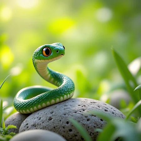 A tiny, speckled, emerald green snake, with scales like polished jade, coils around a smooth, grey stone.  Its tiny, flicking tongue darts out, sensing the air.  A gentle breeze whispers through the tall grass, rustling around the snake's head – the soft sounds creating a sense of peaceful concealment.  Sunlight filters through the leaves above, dappling the ground in a mosaic of light and shadow.  The snake’s eyes, almond shaped and brilliant, seem to reflect the dappled light, and its slight, graceful sway creates a sense of delicate movement.