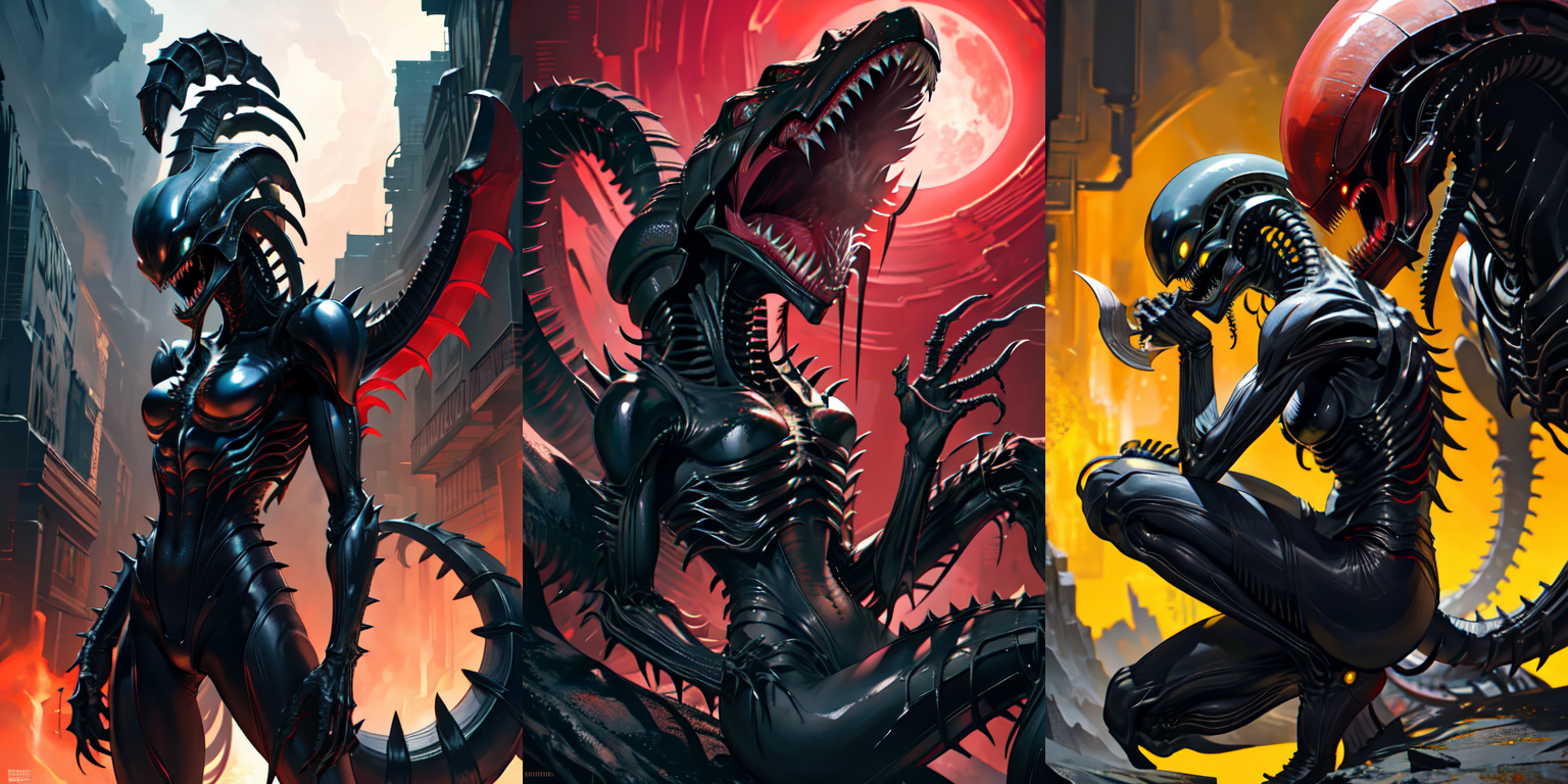 (otherworldly), highly insanely detailed, masterpiece, top quality, best quality, highres, 4k, 8k, RAW photo, (very aesthetic, beautiful and aesthetic), 
__lazy-wildcards/cosplay-char/alien-predator/xenomorph/prompts__, 
<lora:FemXeno:0.5>, 
(1girl:1.3), eyes focus, 
__lazy-wildcards/dataset/background__,âââ