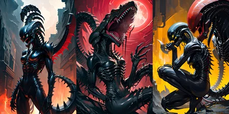 (otherworldly), highly insanely detailed, masterpiece, top quality, best quality, highres, 4k, 8k, RAW photo, (very aesthetic, beautiful and aesthetic),
__lazy-wildcards/cosplay-char/alien-predator/xenomorph/prompts__,
<lora:FemXeno:0.5>,
(1girl:1.3), eyes focus,
__lazy-wildcards/dataset/background__,âââ