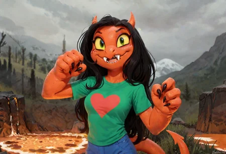 score_9, score_8_up, score_7_up, toony, zazie, 1girl, anthro female, demon girl, orange skin, black hair, long hair, horns, yellow sclera, medium breasts, big claws, medium height, green shirt, heart symbol, blue pants, mountains, lava, fangs, looking at viewer, wind on hair, paw pose