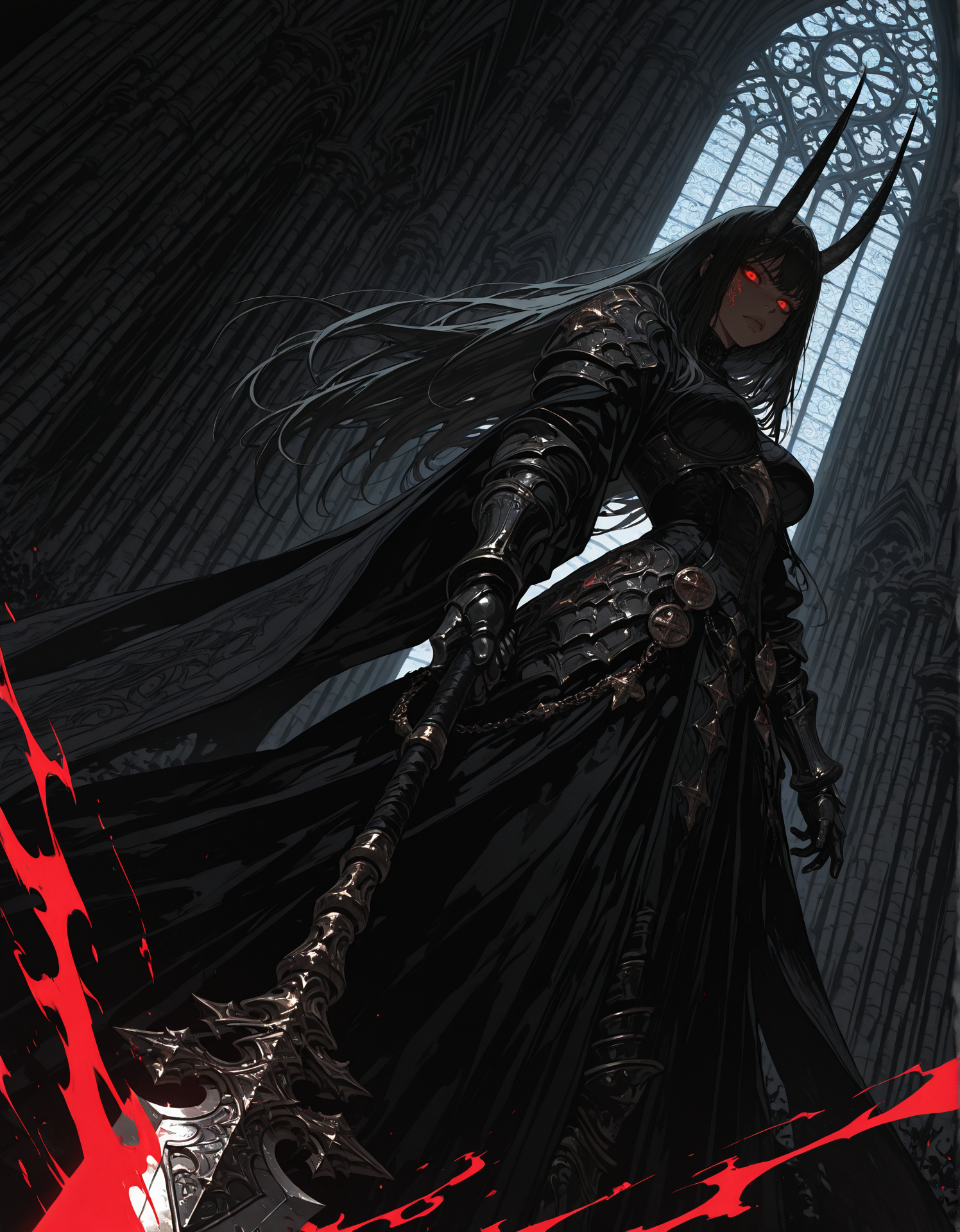 masterpiece, best quality,high quality, newest, highres,8K,HDR,absurdres, 1girl, long hair, horns, weapon, tattered robe, glowing eyes, dark fantasy, holding spear, floating, intricate tattoos, ethereal aura, red and black color scheme, armored gauntlets, golden ornaments, looking at viewer, battle stance, supernatural energy, shadowy background, gothic architecture, dynamic pose, dramatic lighting, detailed background, depth of field, dynamic composition, foreshortening, detailed background, dynamic pose, dynamic composition,dutch angle, detailed backgroud,foreshortening,blurry edges, <lora:iLLMythSmo0thL1nes:1> Smo0thL1nes