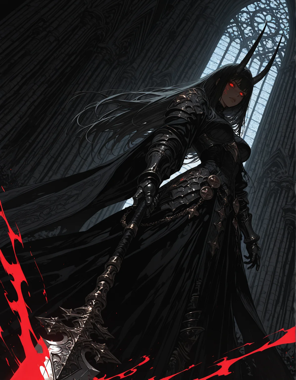 masterpiece, best quality,high quality, newest, highres,8K,HDR,absurdres, 1girl, long hair, horns, weapon, tattered robe, glowing eyes, dark fantasy, holding spear, floating, intricate tattoos, ethereal aura, red and black color scheme, armored gauntlets, golden ornaments, looking at viewer, battle stance, supernatural energy, shadowy background, gothic architecture, dynamic pose, dramatic lighting, detailed background, depth of field, dynamic composition, foreshortening, detailed background, dynamic pose, dynamic composition,dutch angle, detailed backgroud,foreshortening,blurry edges, <lora:iLLMythSmo0thL1nes:1> Smo0thL1nes