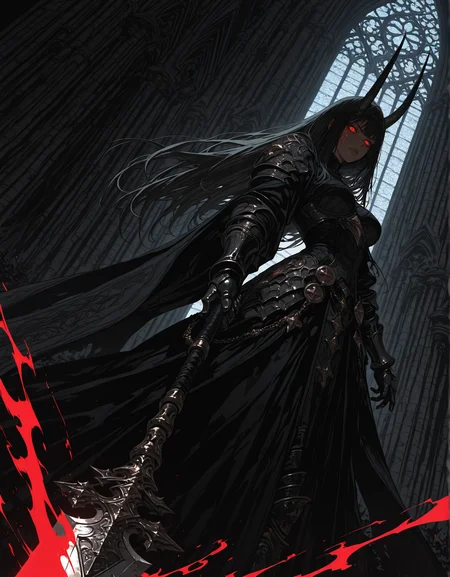 masterpiece, best quality,high quality, newest, highres,8K,HDR,absurdres, 1girl, long hair, horns, weapon, tattered robe, glowing eyes, dark fantasy, holding spear, floating, intricate tattoos, ethereal aura, red and black color scheme, armored gauntlets, golden ornaments, looking at viewer, battle stance, supernatural energy, shadowy background, gothic architecture, dynamic pose, dramatic lighting, detailed background, depth of field, dynamic composition, foreshortening, detailed background, dynamic pose, dynamic composition,dutch angle, detailed backgroud,foreshortening,blurry edges, <lora:iLLMythSmo0thL1nes:1> Smo0thL1nes