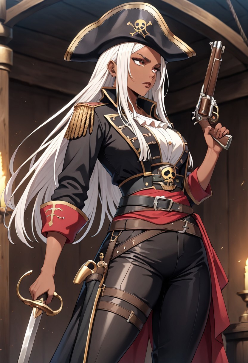 masterpiece, best quality, newest, absurdres, highres, anime, anime style, PAV1.0IL, pirate, 1girl, pirate, pirate hat, sword, holding sword, weapon, holding weapon, holding gun, gun, firearm, pistol, dark skin, dark-skinned female, white hair, dredlocks,