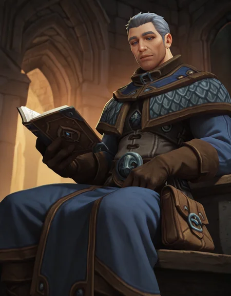 cinematic_depth, 8k, soft_lighting, warm_glow, ultra_high_quality, masterpiece, best quality, newest, perfect quality, intricate details, detailed background, male focus, realistic, solo, <lora:World Of Warcraft - Archmage Khadgar - Illustrious-000006:0.7> wow_khadgar, 1boy, mature male, grey hair, short hair, blue eyes, stubble, robe, brown gloves, belt, satchel, brown boots, sitting, reading book, looking down at book