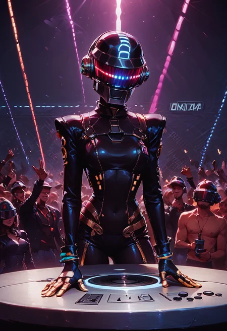score_9, score_8_up, score_7_up, rave, helmet, skintight bodysuit, dj, Tron, mix table, concert, linear laser light show, crowd, dark tone, bright lasers, edm, edm concert, edm turntable, high energy, edm mix, laser beams, neon light trails, neon light show, highly detailed, intricate, zzCitronLegacy, daft punk, daft punk helmet, 1girl, adult, edm festival